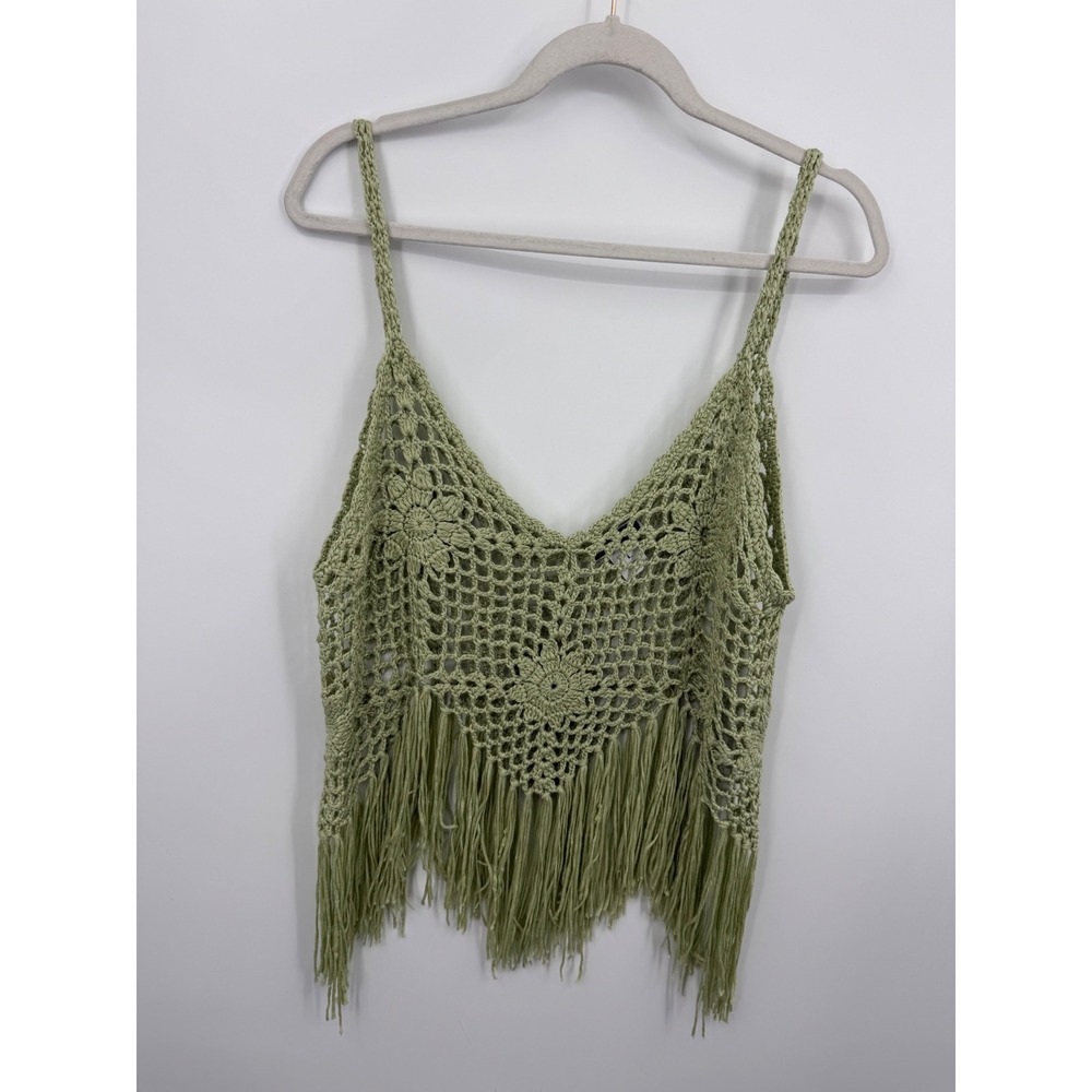 Vivid Crochet Fringe Cami Tank Top Womens Large‎ Sage Green Boho Festival 22802
